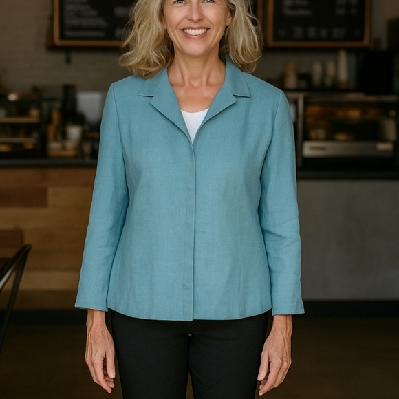 Linen Blazer AKRIS For Bergdorf Goodman Cashmere Linen Aqua Blue Blazer Size 14 - Picture 11 of 11